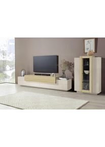 Wohnwand Home Affaire "Coro, Anbauwand, Medienwand", beige (eiche chopin, kaschmir), B:280cm, Glas, Holzwerkstoff, Kastenm&ouml;bel-Sets, Wohnwand, Lowboard 4 F&auml;chern Breite 200 cm und Vitrine 3 T&uuml;ren Breite 80 cm