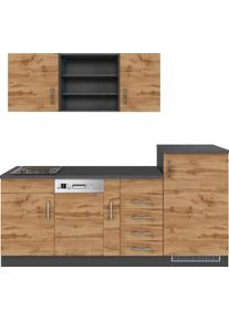 K&uuml;che KOCHSTATION "KS-Mali", braun (k&uuml;che: natur, front: wotaneiche, korpus: grau, arbeitsplatte: anthrazit), B:210cm H:200cm T:60cm, Komplettk&uuml;chen-Sets, K&uuml;che, Breite 210 cm, mit E-Ger&auml;ten