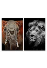 Sinus Art Leinwandbild »2 Bilder je 60x90cm Elefant Löwe Afrika Löwenkopf Wild Raubkatze Stoßzähne«