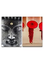 Sinus Art Leinwandbild »2 Bilder je 60x90cm Buddha Buddhakopf Mönche Thailand Roter Sonnenschirm Meditation Achtsamkeit«