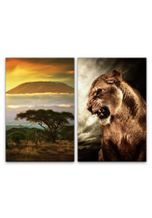 Sinus Art Leinwandbild »2 Bilder je 60x90cm Afrika brüllender Löwe Fangzähne Wild Raubkatze Berge«