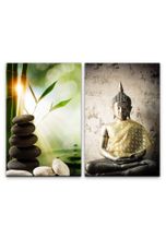 Sinus Art Leinwandbild »2 Bilder je 60x90cm Buddha runde Steine Kunstvoll Meditation warmes Licht Achtsamkeit positive Energ«