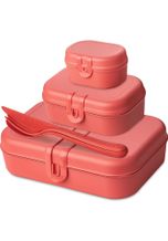 Koziol Lunchbox, Kunststoff, Holz, (Set, 6-tlg., 3 Lunchboxen in verschiedenen Größen + 1 Besteck-Set bestehend aus 1x Messer, 1x Gabel, 1x Löffel), aus biozirkulärem Material, spülmaschinengeeignet,melaminfrei, 100% recycelbar, 100% made in germany, rot