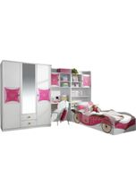 Kinderzimmer Zoe 4-tlg. Kleiderschrank mit Schreibtisch Regal Bettkastenschrank Bett weiß - pink