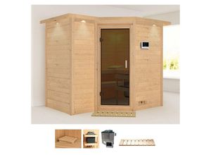 Karibu Sauna »Sanna 2«, BxTxH: 264 x 198 x 212 cm, 40 mm, (Set) 9-kW-Ofen mit externer Steuerung, beige