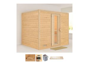 Karibu Sauna »Soraja«, BxTxH: 231 x 196 x 200 cm, 40 mm, (Set) 9-kW-Ofen mit integrierter Steuerung, beige