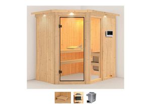 Karibu Sauna »Frigga 1«, BxTxH: 210 x 165 x 202 cm, 68 mm, (Set) 9-kW-Ofen mit externer Steuerung, beige