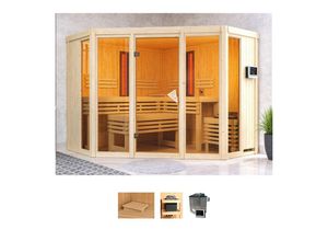Karibu Sauna »Adele«, BxTxH: 231 x 231 x 198 cm, 68 mm, (Set) 9-kW-Ofen mit externer Steuerung, inkl. 2 Infrarot-Vitalightstrahlern, beige