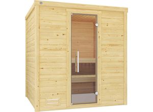 weka Sauna Bergen, BxTxH: 195,5 x 195 x 205 cm, 45 mm, (Set) 7,5 kW-Ofen mit digitaler Steuerung, beige