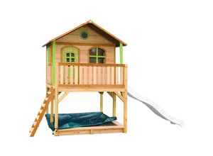 Spielhaus Marc mit Sandkasten & weißer Rutsche Stelzenhaus in Braun & Grün aus fsc Holz für Kinder Spielturm mit Wellenrutsche für den Garten - Braun