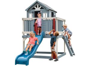 Backyard Discover Spielhaus Beacon Heights mit blauer Rutsche, Sandkasten & Veranda Stelzenhaus in Blau & Weiß aus Holz für Kinder Spielturm für den