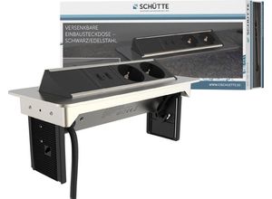 Schütte E2 Einbau-Tischsteckdosenleiste 2-fach (Klappendeckel, Schutzkontaktstecker, Kabellänge 2,3 m), versenkbar, 2-fach und 2 x USB, grau|silberfarben