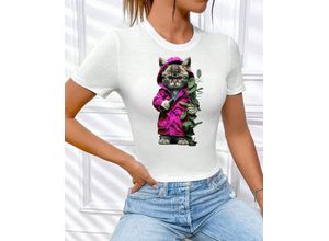 RMK T-Shirt Damen Shirt Top kurzarm Freizeit Rundhals Blume Garten "Cat Katze" in Unifarbe