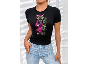 RMK T-Shirt Damen Shirt Top kurzarm Freizeit Rundhals Blume Garten "Cat Katze" in Unifarbe