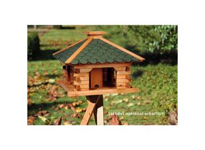 Dobar Rustikales XL-Vogelfutterhaus im Blockhaus-Stil mit grünem Bitumendach, Vogelhaus mit integriertem Futtersilo