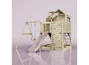 Rebo Spielturm mit Spielhaus inkl. Wellenrutsche und Kinder-Schaukel Outdoor Klettergerüst Garten, Ausführung: Kinderschaukel, Farbe: Altrosa - Rosa