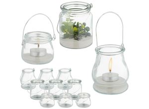 Relaxdays Windlicht Glas, 12er Set, Teelichthalter mit silbernem Henkel, 3 versch. Größen, Kerzenglas, rund, transparent