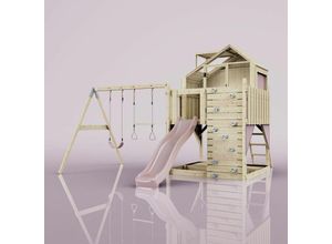 Rebo Spielturm mit Spielhaus inkl. Wellenrutsche und 2x Kinder-Schaukel Outdoor Klettergerüst Garten, Ausführung: Trapezstange, Farbe: Altrosa - Rosa