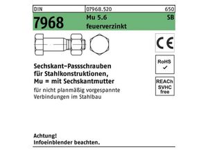 Reyher Schraube 100er Pack Sechskantpassschraube DIN 7968 CE Mutter M16x 70 5.6 feuerv