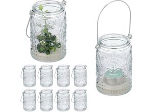 Windlicht, 12er Set, Glas mit Henkel, innen & außen, 10,5 x 7 cm, Hochzeit Teelichthalter, transparent/silber - Relaxdays