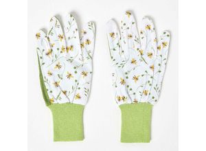 Homescapes - Grün-weiße Garten-Handschuhe mit floralem Bienendesign - Grün und Weiß