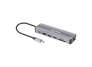 Manhattan USB-C Dock/Hub with Card Reader, Ports (x5): Ethernet, HDMI, USB-A (x2) and USB-C, With Power Delivery (87W) to USB-C Port (Note add USB-C wall charger and USB-C cable needed), All Ports can be used at the same time - Dockingstation - US...