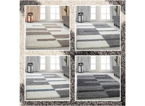 Designer Hochflor Teppich mit Karo- und Linienmuster, Flauschiger Langflor