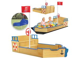 KIDIZ® Sandkasten Ahoi - Piratenschiff Boot Segelschiff aus Holz Inkl. Abdeckung, Bodenplane, Sitzbank, Flaggenmast, Sandspielzeug Große Kinder Sandkiste für den Garten Outdoor Sandbox