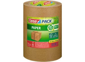 Pack Paper ecoLogo im 3er Pack - Umweltgerechtes Paketband aus Papier, 60 % biobasiertes Material - Braun - 3 Rollen je 50 m x 50mm - braun - Tesa