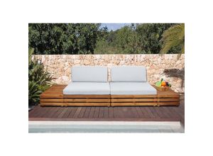 Garten-Garnitur MCW-L28, Lounge-Set Sitzgruppe Lounge-Sessel Sofa, Spun Poly Akazie Holz MVG ~ Polster hellgrau