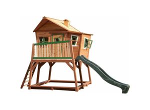 Spielhaus Max mit Sandkasten & grüner Rutsche Stelzenhaus in Braun & Grün aus fsc Holz für Kinder Spielturm mit Wellenrutsche für den Garten - Braun