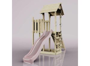 Rebo Spielturm aus Holz mit Wellenrutsche Outdoor Klettergerüst mit Plattform und Kleterseil- Altrosa - Rosa