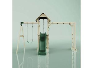 Rebo Klettergerüst aus Holz mit Wellenrutsche Outdoor Spielturm mit Kinderschaukel, Hangelstangen, Plattform und Kletterseil- Altrosa - Rosa