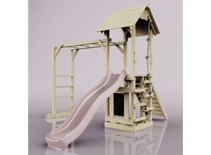 Rebo Klettergerüst aus Holz mit Wellenrutsche Outdoor Spielturm mit Hangelstangen, Plattform und Kletterseil- Altrosa - Rosa