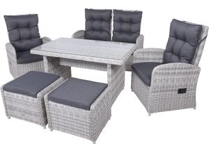 Garten-Essgruppe GARDEN PLEASURE "Tischgruppe »LYON« grau", grau, Wicker/Kunststoffgeflecht, Sitzmöbel-Sets, 2 Sessel, 1 Bank, 2 Hocker, Tisch LxB: 122x72 cm, inkl Auflagen