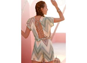 Kurzoverall LASCANA, Damen, Gr. 34, N-Gr, bunt (grün, rostorange, aubergine, bedruckt), Jersey, Obermaterial: 100% Viskose, bedruckt, modisch, figurumspielend kurz, Rundhals, Kurzarm, Overalls, mit tiefem Rückenausschnitt und Alloverprint, sommerlicher Jumpsuit