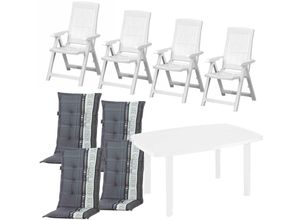 Garten-Essgruppe PROGARDEN "Tampa / Faro", grau (weiß, grau), B:90cm H:111cm T:140cm, Kunststoff, Baumwolle, Polyester, Sitzmöbel-Sets, bestehend aus 4 Sessel, 4 Auflagen und 1 Tisch