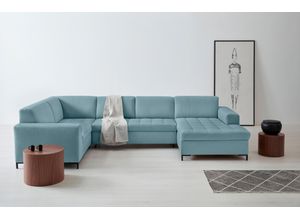 Wohnlandschaft OTTO PRODUCTS "Grazzo U-Form", blau (eisblau), B:332cm H:80cm T:199cm, Struktur (100% recyceltes Polyester), Luxus-Microfaser weich (100% recyceltes Polyester), Sofas, hochwertige Stoffe aus recyceltem Material, Steppung im Sitzbereich