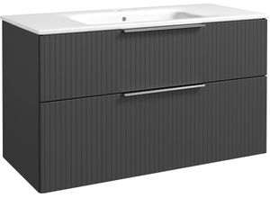 Waschtisch WELLTIME "G-Line", grau (graphite, grau), B:101cm H:61,8cm T:46cm, Keramik, Holzwerkstoff, MDF, Hartfaserplatte, PVC, Waschtische, mit Keramik Waschbecken, Schubladen mit Softclose, trendig geriffelt
