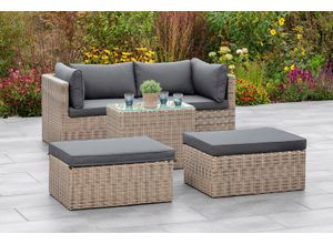 Garten-Essgruppe MERXX "Licosa", beige (naturgrau, grau), B:87cm H:63,5cm T:68cm, Sitzmöbel-Sets, 2 Sessel, 2 Hocker, Tisch, mit Auflagen, naturgrau
