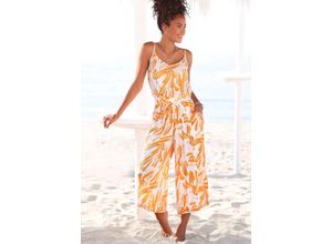 Culotte-Overall S.OLIVER, Damen, Gr. 34, N-Gr, bunt (orange, creme, bedruckt), Cru00eape, Obermaterial: 100% Viskose, bedruckt, modisch, figurumspielend ca. Mitte Wade, V-Ausschnitt, ohne Ärmel, Overalls, mit Alloverdruck, sommerlicher Jumpsuit mit extraweitem Bein