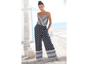 Overall VIVANCE, Damen, Gr. 34, N-Gr, blau (blau, bedruckt), Web, Obermaterial: 100% Viskose, bedruckt, modisch, figurumspielend lang, tiefer V-Ausschnitt, ohne Ärmel, Overalls, mit Bordürendruck und Taschen, sommerlicher Jumpsuit, weites Bein