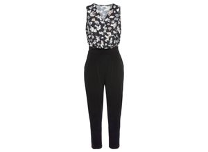 Overall LASCANA, Damen, Gr. 34, N-Gr, schwarz-weiß (schwarz, beige, bedruckt), Cru00eape, Obermaterial: 95% Polyester, 5% Elasthan, bedruckt, modisch, figurumspielend 7/8-Länge, V-Ausschnitt, ohne Ärmel, Overalls Jumpsuit, mit bedrucktem Oberteil