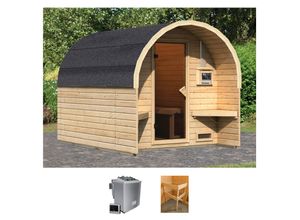 Fasssauna KARIBU "Fasshaus 2", beige (naturbelassen), Bio-Kombiofen, externe Steuerung, 9 kW, Saunen, 9-kW-Bio-Ofen mit externer Steuerung