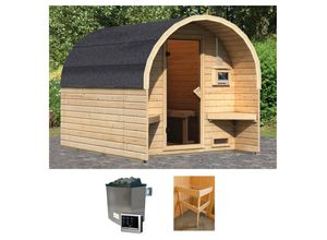 Fasssauna KARIBU "Fasshaus 2", beige (naturbelassen), Saunaofen, externe Steuerung, 9 kW, Saunen, 9-kW-Ofen mit externer Steuerung