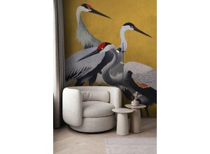 Fototapete KOMAR "Komar Vlies Fototapete - Yellow Cranes - Größe 200 x 250 cm", lila (modern), L:2,5m, Vlies, Tapeten