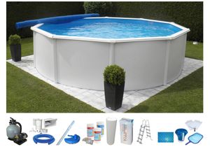 Rundpool KWAD "SUPREME weiß mit Sicherheitsleiter und Zubehör", weiß, H:132cm Ø:360cm, Schwimmbecken, inkl. Bodenisolation & Wasserpflege-Set, versch. Größen