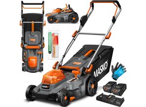 MASKO® Akku Rasenmäher ECO-X10 inkl. 1 oder 2 Akkus Li-Ion Batterie 4 Ah & Doppel-Ladegerät – Rasentrimmer, 25-75mm Schnitthöhenverstellung, 33/37/43cm Schnittbreite