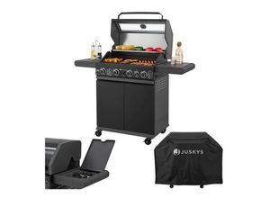Juskys BBQ Gasgrill Savannah - 4 Brenner & 1 Seitenbrenner - Stahl Grill mit Gusseisen Grillrost