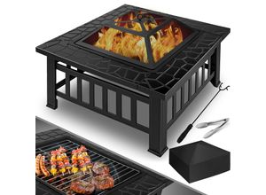 KESSER® Feuerstelle mit Grillrost & Grillzange Feuerschale 82x82x50cm, 3in1 Multifunktional Fire Pit für Heizung/BBQ Grill, Garten Terrasse , Metall Feuerkorb mit Schutzhülle Schürhaken Funkenschutz